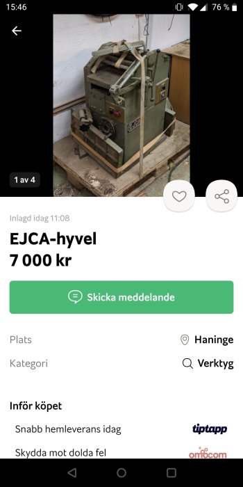 Begagnad EJCA-hyvelmaskin till salu, grön i färg, placerad på en träpall i ett verkstadsrum.