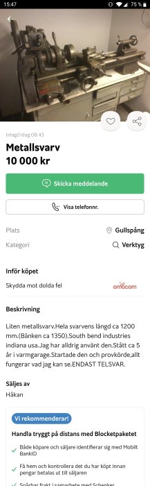 Begagnad liten metallsvärv på ett arbetsbänk, annonserad för försäljning till priset av 10 000 kr.