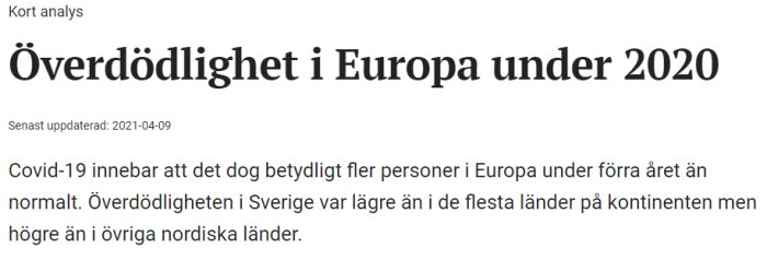 Skärmdump av en artikel som sammanfattar överdödlighet i Europa under 2020 på grund av Covid-19.