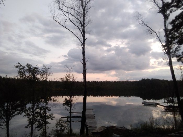 Molnig himmel reflekteras i en lugn sjö omgiven av träd med en brygga till höger.