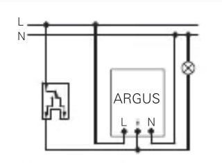 Schematisk bild av en koppling för fasadbelysning med gamla ljusrelä och rörelsevakter märkta "ARGUS".