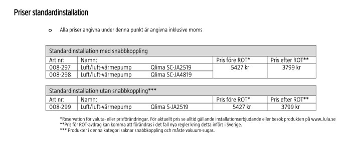 Skärmdump visar priser för standardinstallation av luftvärmepumpar med och utan snabbkoppling.