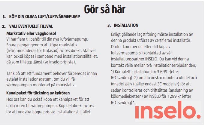 Steginstruktioner för installation av luftvärmepump med alternativ för självmontering och professionell anslutning av kylmediekretsen av Inselo.