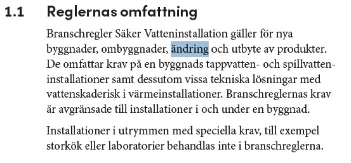 Textutdrag från Branschregler Säker Vatteninstallation med fokus på ordet "ändring".
