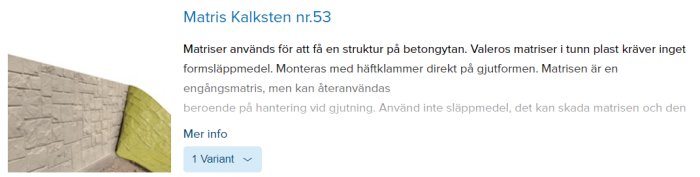 Kalkstensmatris liggande bredvid en betongyta med kalkstenstextur, presenterad för gjutning.