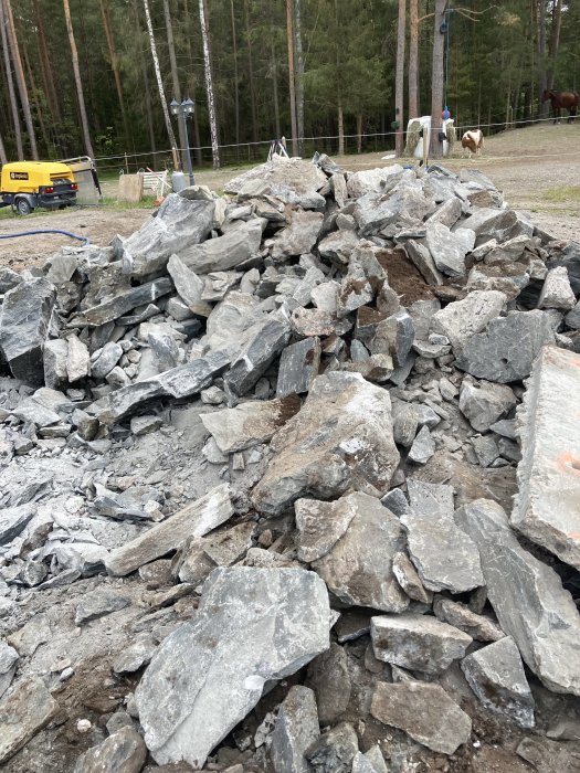 Hög av sprängda stenblock på byggarbetsplats med skog och hästar i bakgrunden.
