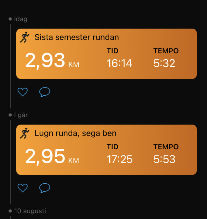 Skärmklipp av löparapp med distans, tid och tempo för två löprundor.