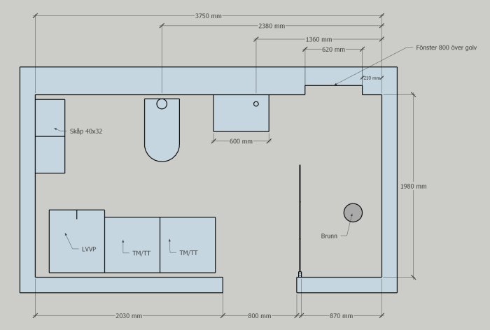 Ritning av badrumsrenovering med dimensioner, duschplats, handfat, toalett och förvaring markerade.