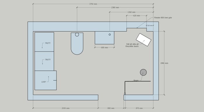 Ritning av badrumsrenovering med måttangivelser och layout för dusch, pottstol, handfat och förvaring.