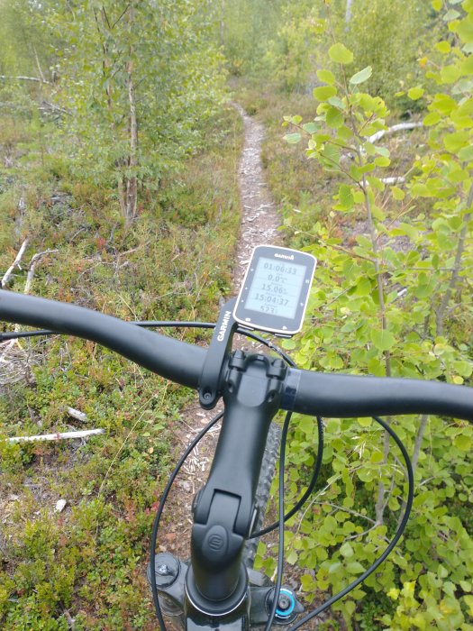 Cyklistperspektiv på en stig i skogen med cykeldator som visar hastighet och tid.