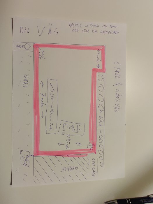 Handritad skiss med olika lutningsalternativ för marksten på en garageuppfart med angivna mått och procent.