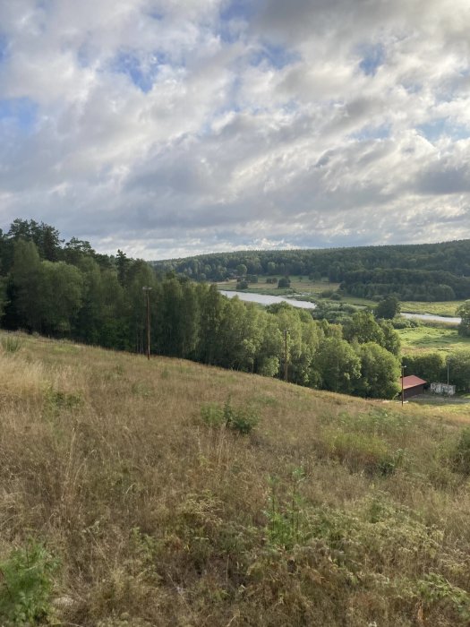 Lantlig utsikt med öppet fält i förgrunden, lövträd, en mindre sjö i mitten och skogsområden i bakgrunden under en molntäckt himmel.