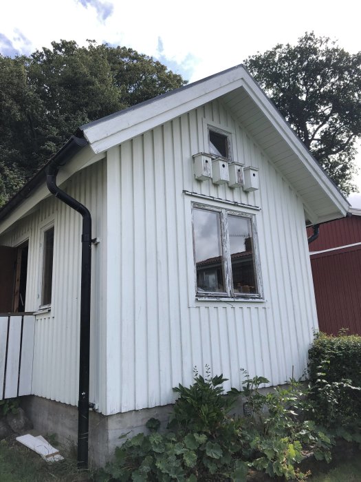 Vit träpanel på gästhus med fönster och grönska, i behov av isolering.
