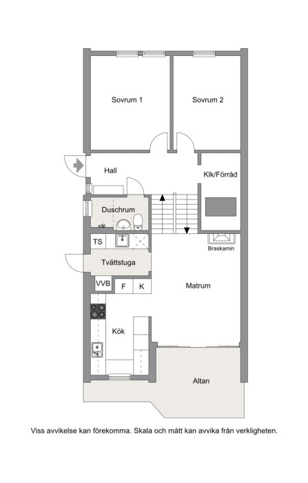 Planritning över ett kedjehus med fyra halvplan visande kök, sovrum och vardagsrum.