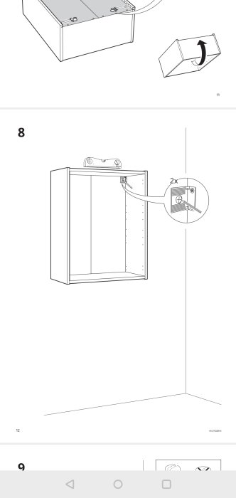 Illustration av montering av vinkelbeslag på överskåp med markerade skruvhål.