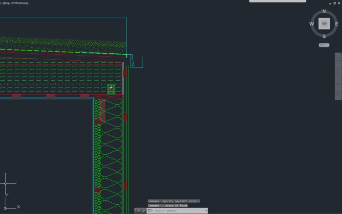 CAD-ritning av en pergolakonstruktion med detaljer för fastsättning av takstol och pergolaregel.