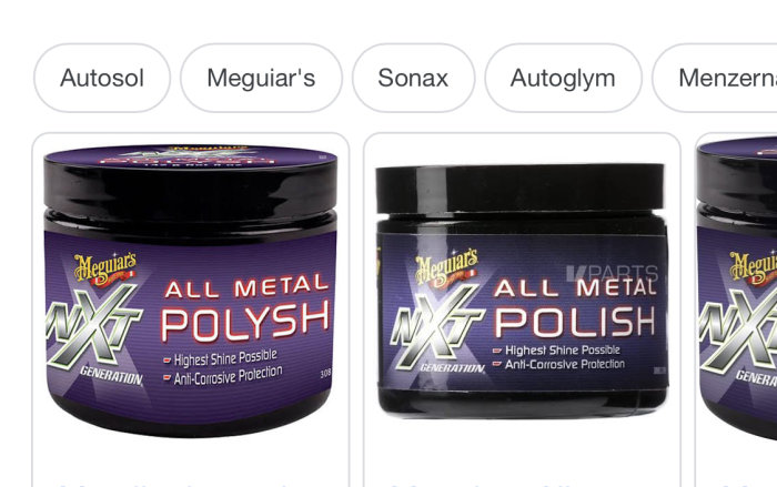 Tre burkar med Meguiar's All Metal Polish med hänvisning till olika märken ovanför varje burk.