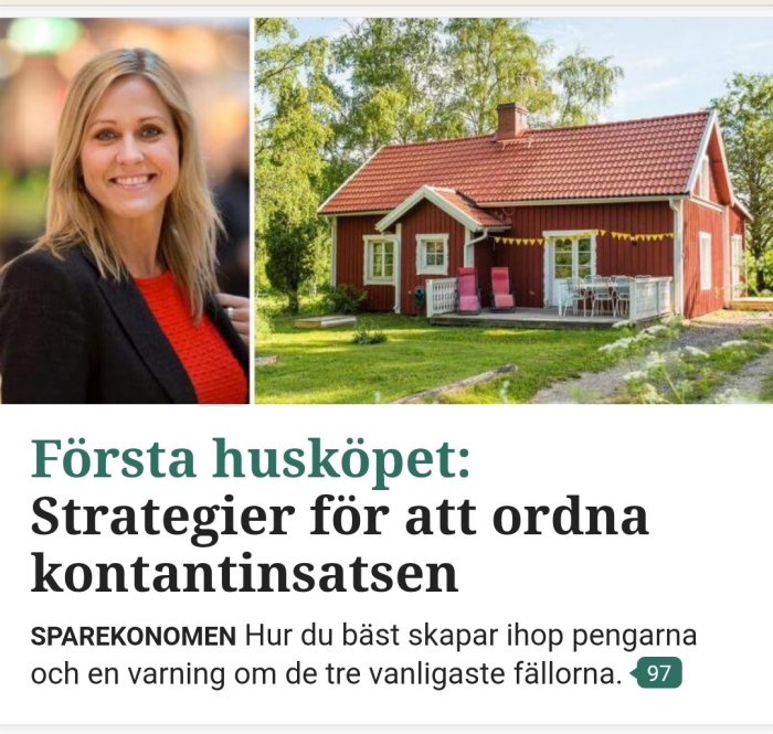 Röd trävilla med vita knutar och ett rött tak omgiven av en grön trädgård, symboliserar ett första husköp.