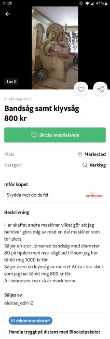 En stor, begagnad bandsåg av märket Jonsered i ett verkstadsutrymme, annonserad till försäljning online.