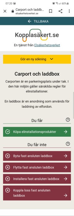 Skärmdump av information om elinstallationer för carport och laddbox, inklusive riktlinjer för vad man får och inte får göra.