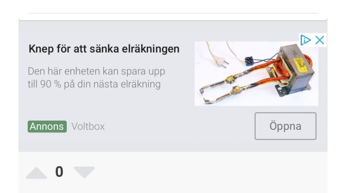 Reklambild för Voltbox med texten "Knep för att sänka elräkningen" och en illustration av en eltransformator och kablar.