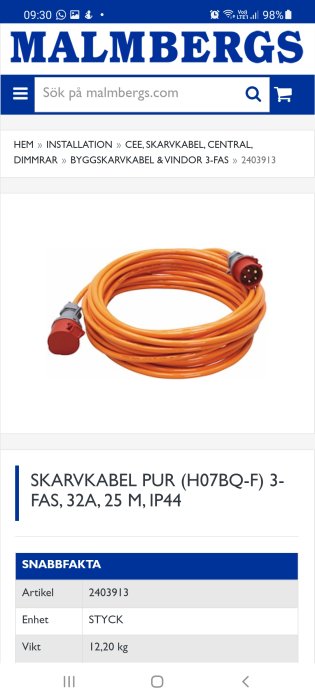 Orange skarvkabel PUR av typ H07BQ-F, 3-fas, 32A, 25 meter, IP44, uppvisad på en e-handelssida.