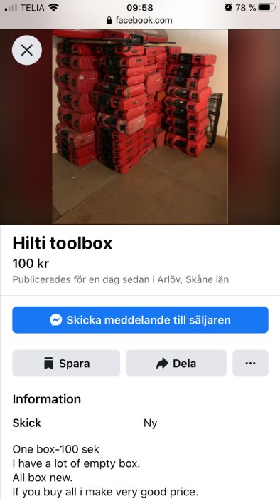 Stor stapel med nya röda och svarta Hilti verktygslådor till salu.