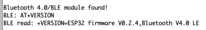 Datorskärm med text som indikerar upptäckt av Bluetooth 4.0/BLE-modul och firmware-version.