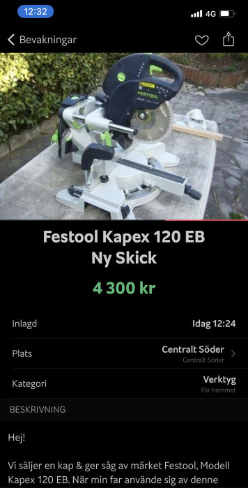 Festool Kapex 120 kap- och gersåg i nytt skick till salu för 4300 kr.