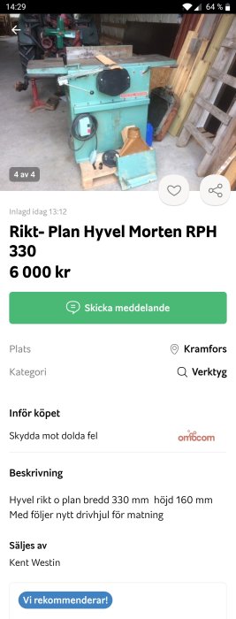 Använd begagnad hyvel Rikt-Plan Morten RPH 330 i en verkstadsmiljö med diverse verktyg och trämaterial.