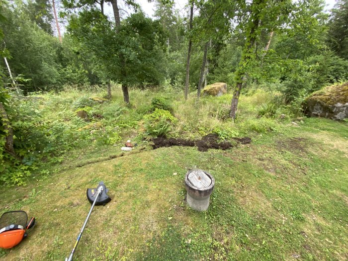 Trädgård med uppriven gräsyta vid stenkista, avluftningsrör med nytt insektsnät och en grästrimmer.