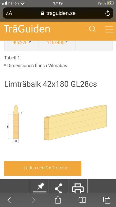 Illustration av limträbalk 42x180 GL28cs med måttangivelser, visas på webbsidan TräGuiden.