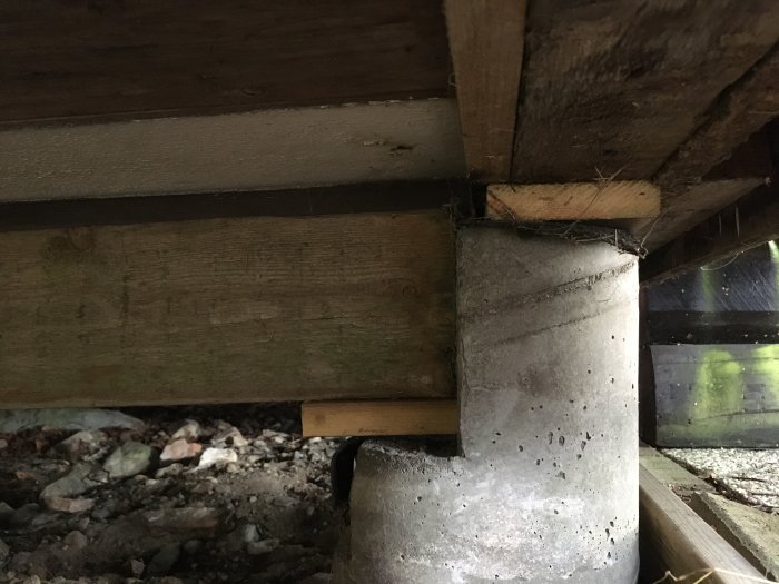 Träbjälke som vilar på en betongplint under ett hus, med synlig glipa mellan bjälken och husets grund.