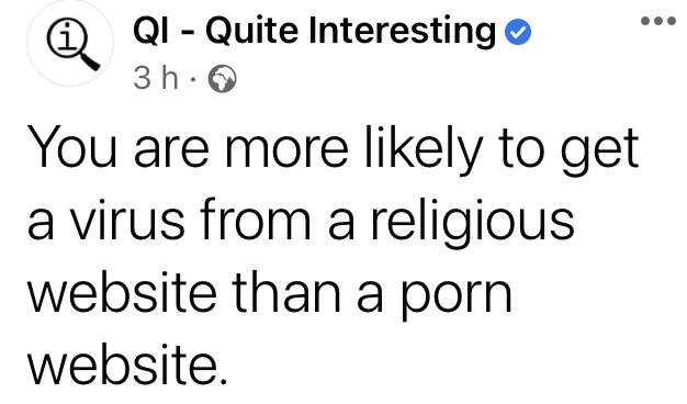 Skärmdump av ett sociala medier-inlägg som påstår högre virusrisk från religiösa än pornografiska webbplatser.