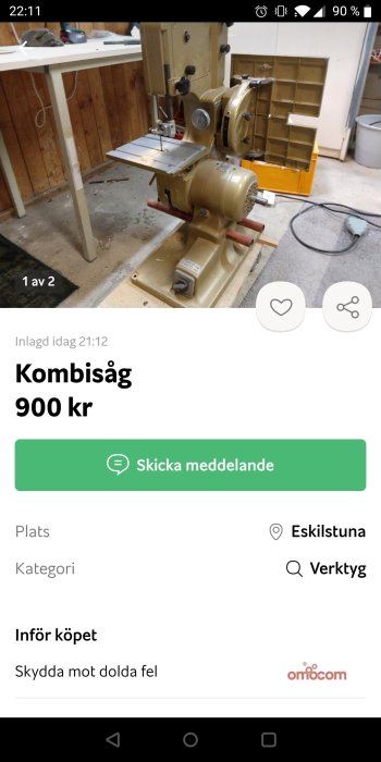 Begagnad kombisåg i brun och grå färg till salu i ett verkstadsutrymme med träväggar och betonggolv.