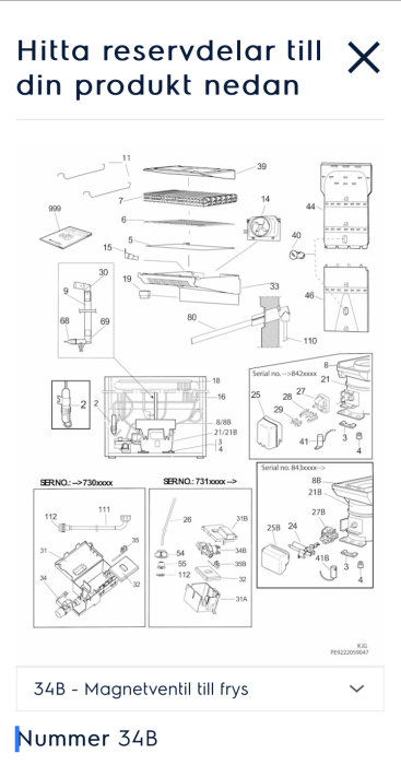 Exploded view diagram of a freezer with parts labeled, highlighting part 34B - Magnetventil.