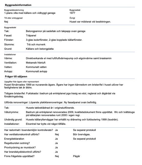 Besiktningsprotokoll för en enplansvilla byggd 1977 med information om byggnadens skick och ställda frågor till säljaren.