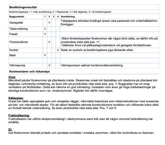 Sida ur ett besiktningsprotokoll med kryssade alternativ för olika byggnadsdelar och kommentarer om vind och källare.