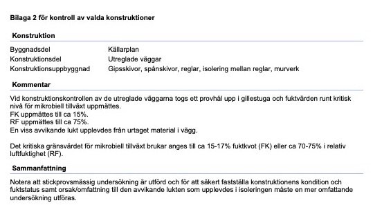 Sida ur besiktningsprotokoll med punkter kring byggnadskonstruktion och kommentarer om mögel samt rekommendation för ytterligare utredning.