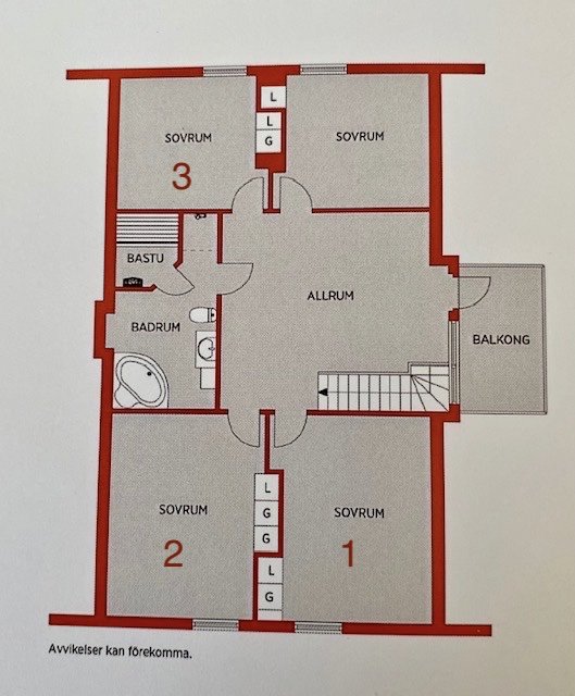 Ritning över en villa med markering av sovrum 1, 2 och 3 relaterat till en fråga om vilket som ska bli barnrum.