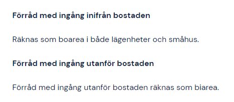 Textdokument som beskriver regler för beräkning av boarea och biarea i bostäder.