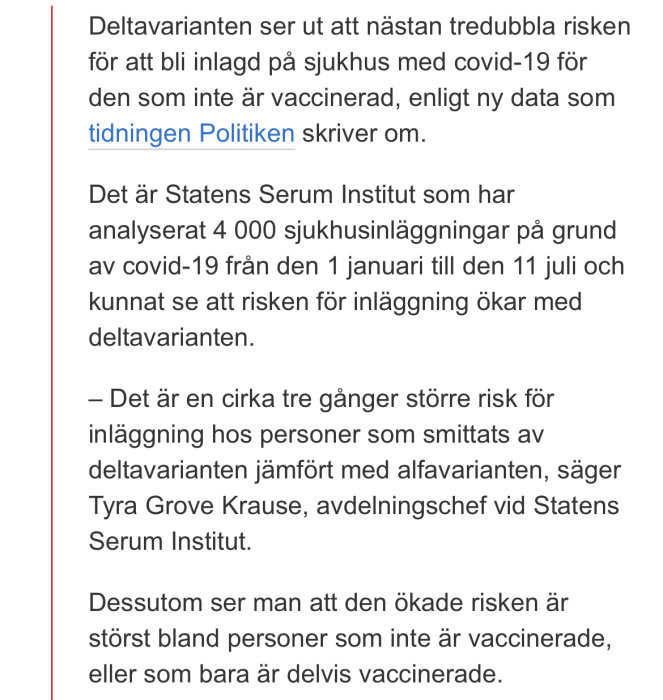 Text från en artikel som diskuterar ökad risk för sjukhusinläggning med deltavarianten av covid-19 för ovaccinerade.