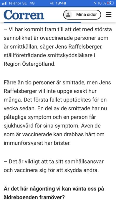 Skärmdump av en artikel i Corren om vaccination och smittspridning.