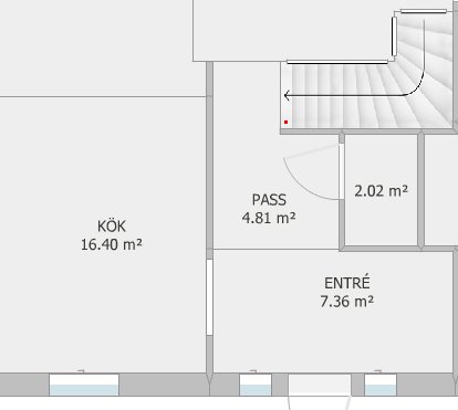 Del av planlösning med kök, entré och trappa, oavslutade idéer för vägg framför trappen.