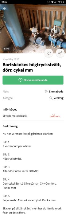 Två elmotorer med tillhörande filter i ett utrymme, markeras som gratis på en säljplattform.