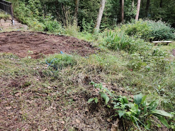 Pågående utgrävning för en uteplats med synlig slänt till höger, omgivet av grönska och träd.