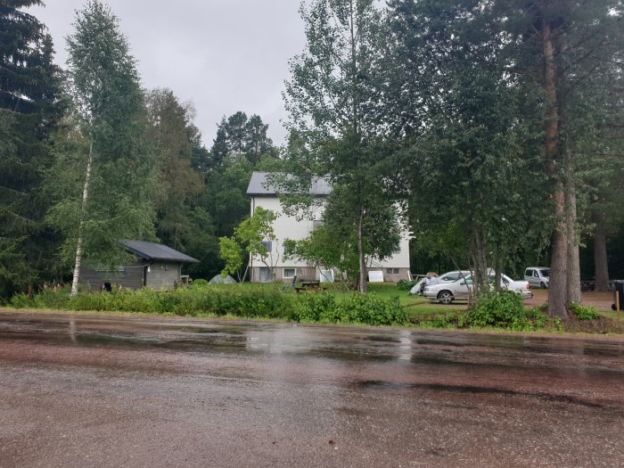 Vy över hyreshus med fasad under renovering, grönområde med träd och buskar samt parkerade bilar.