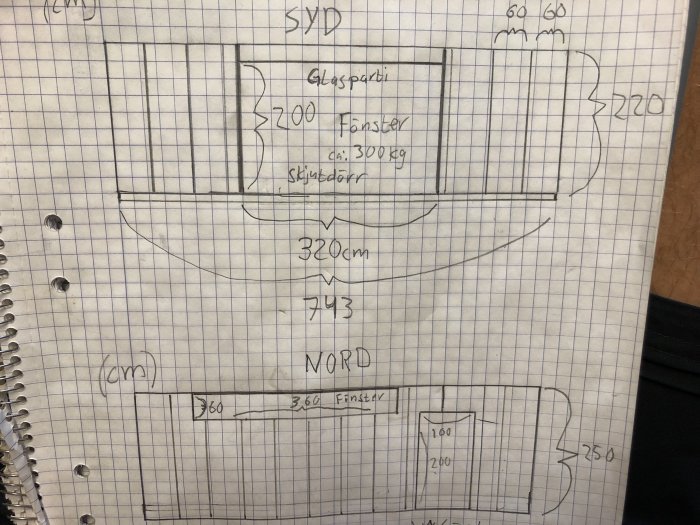 Handritad skiss av glasparti och skjutdörrar för en stuga, med mått och detaljer för konstruktionen.