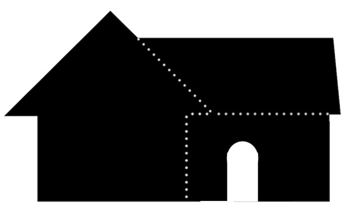 Skiss av hus med punktlinje som visar tänkt passage från entré till trädgård genom tillbyggnaden.