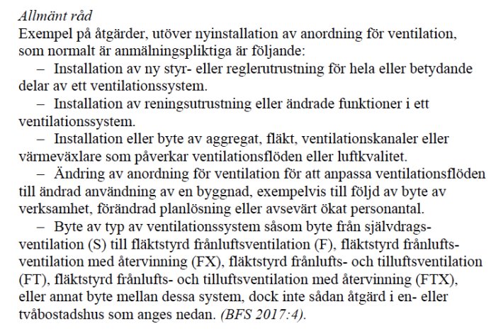 Textdokument med Boverkets råd kring anmälningspliktiga åtgärder för ventilationssystem.